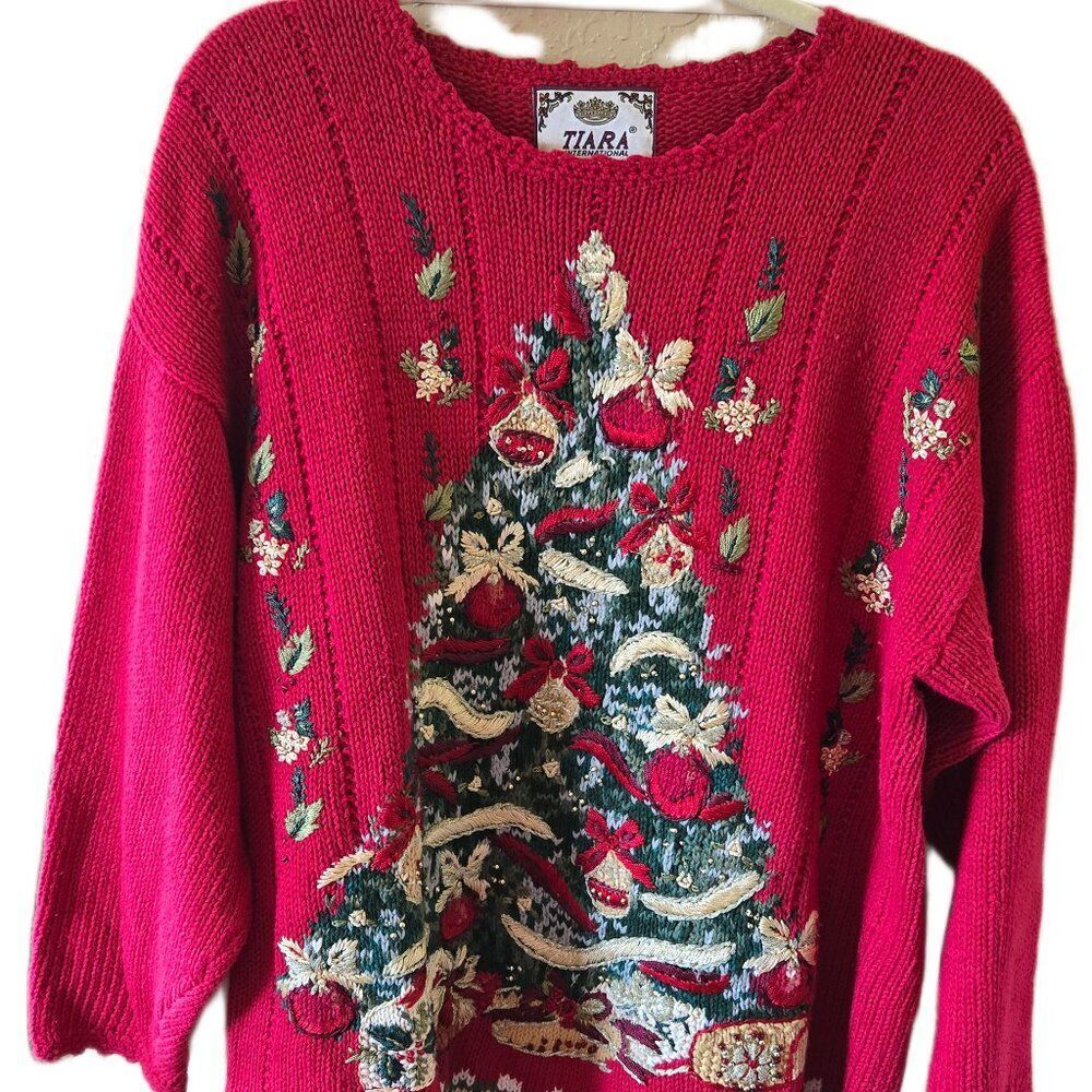 Vintage UGLY SWEATER Tiara Red Women's Ugly Christmas Sweater Large